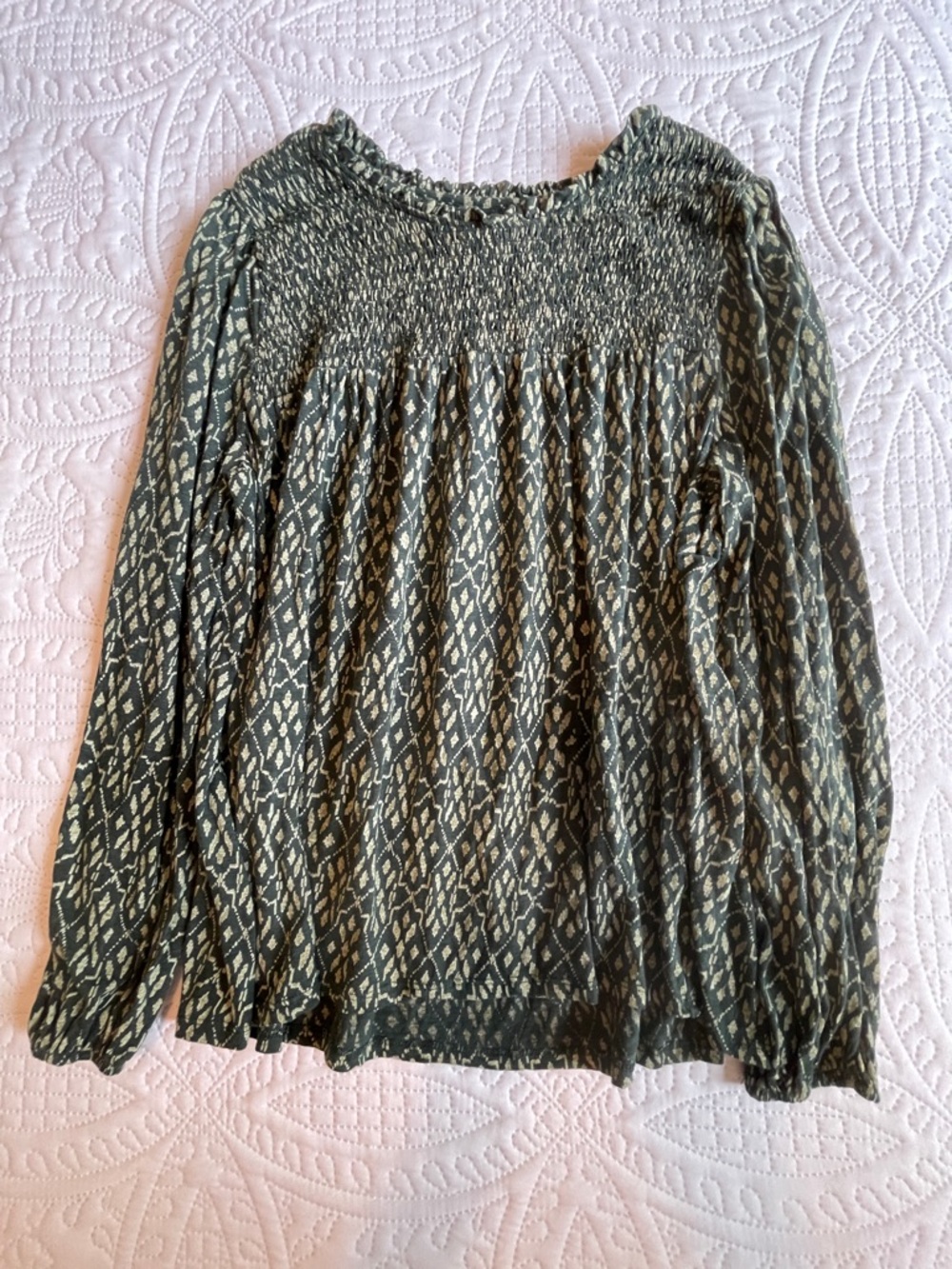 Wonderly Olive and Cream Smocked Yoke Long Sleeve Blouse - Picture 2 of 11